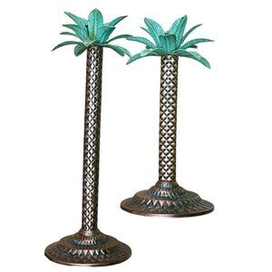 Vintage Pair Palm Tree Candles Holders Metal Patinated Palm Tree Candle